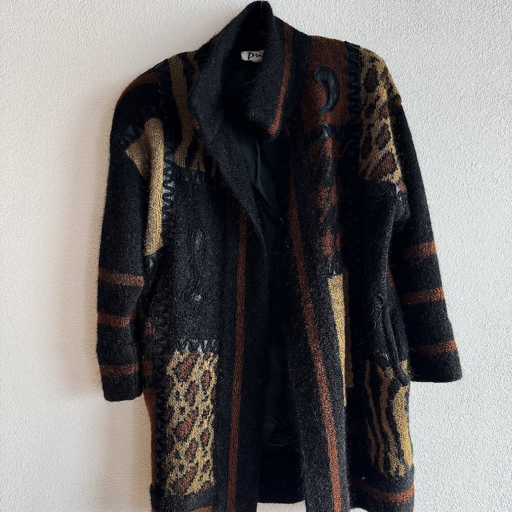 Vintage Heavy Wool Patchwork Coat Vintage Animal Print‎ Leather Coat